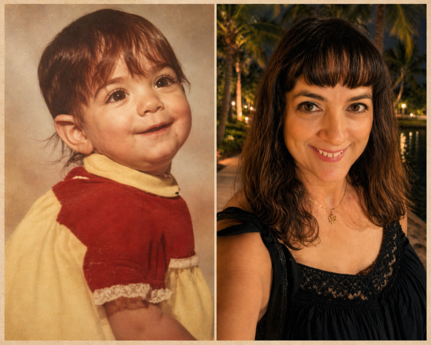 A side by side photo of me as a baby, and me as I am now in 2026.