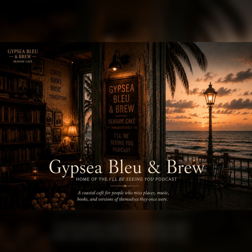 Vintage-inspired artwork for Gypsea Bleu & Brew fearturing warmly lit seaside cafe at sunset with books, ocean views, palm trees, and nostalgic atmosphere.